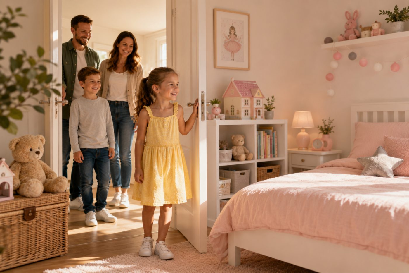 Familie kommt ins neue Wohnzimmer