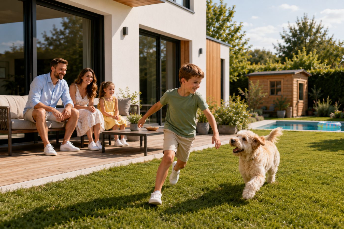 Kind spielt mit dem Hund im eigenen Garten