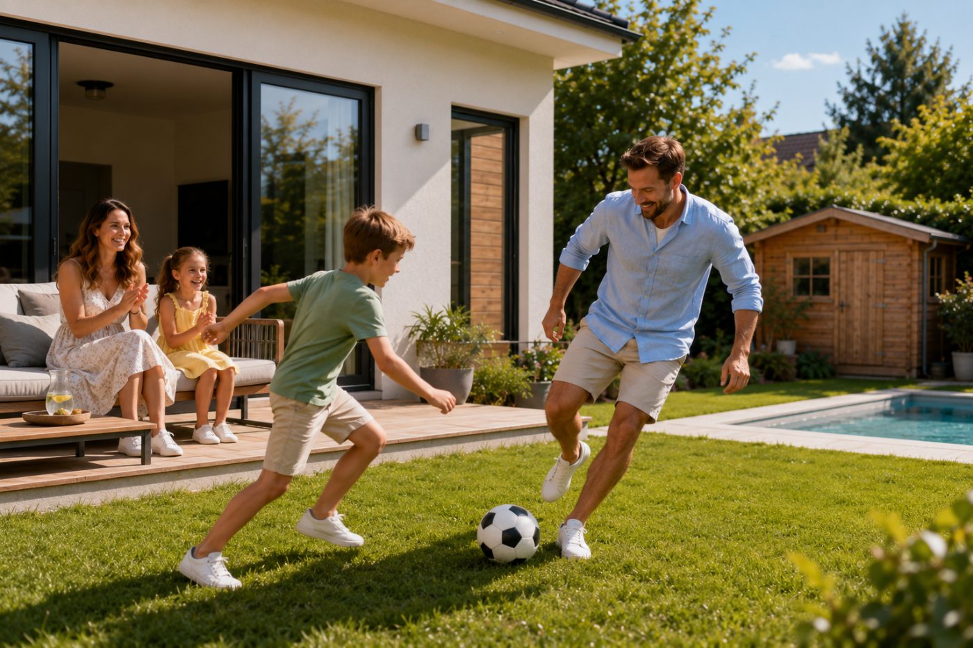 Vater und Sohn spielen Fußball im Garten