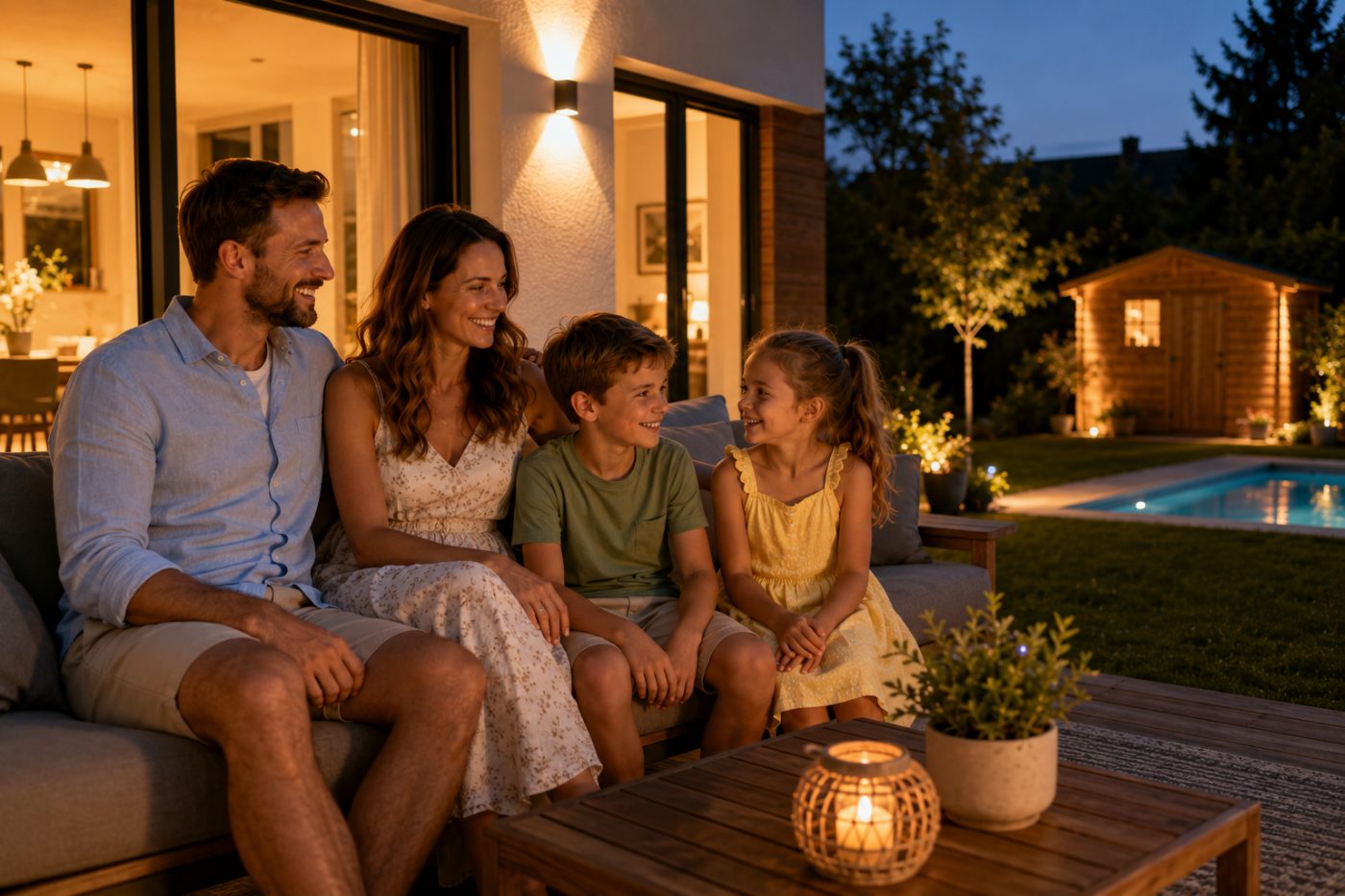 Familie am Abend auf der Terrasse